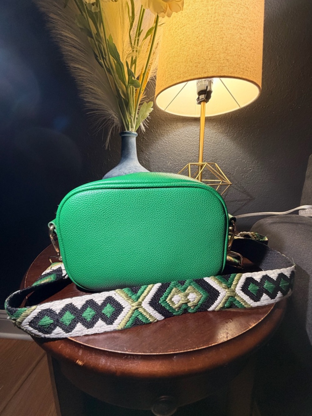 Ah.dorned Kelly Green Crossbody Camera Bag with Patterned Strap